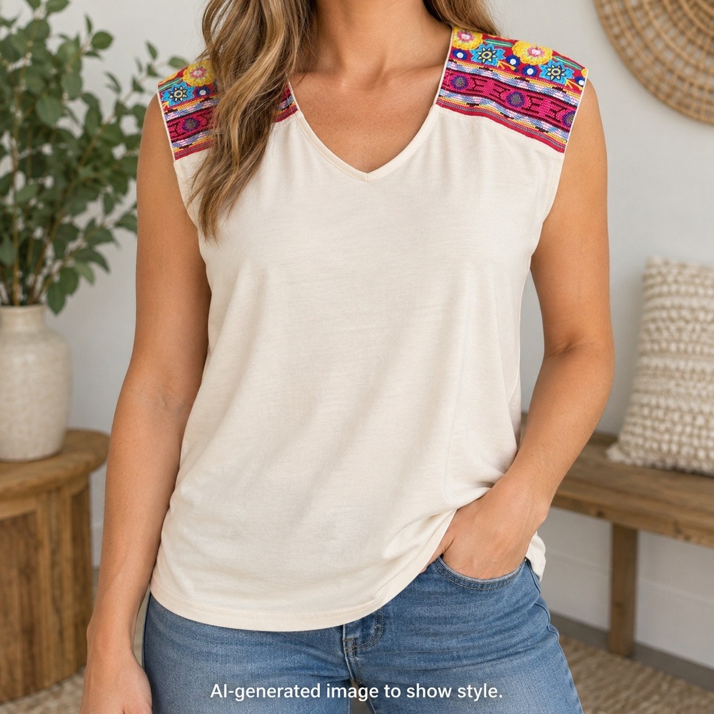 Breakout Womens M Cream Embroidered Boho Sleeveless Top Floral Shoulders Shirt